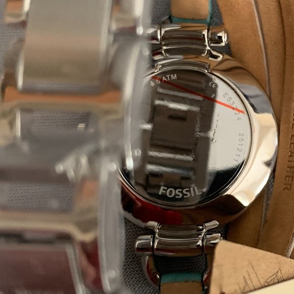 Fossil Women\'s Silver wristwatch  Aqua/Tan leather multistrand  band ES3222 NEW